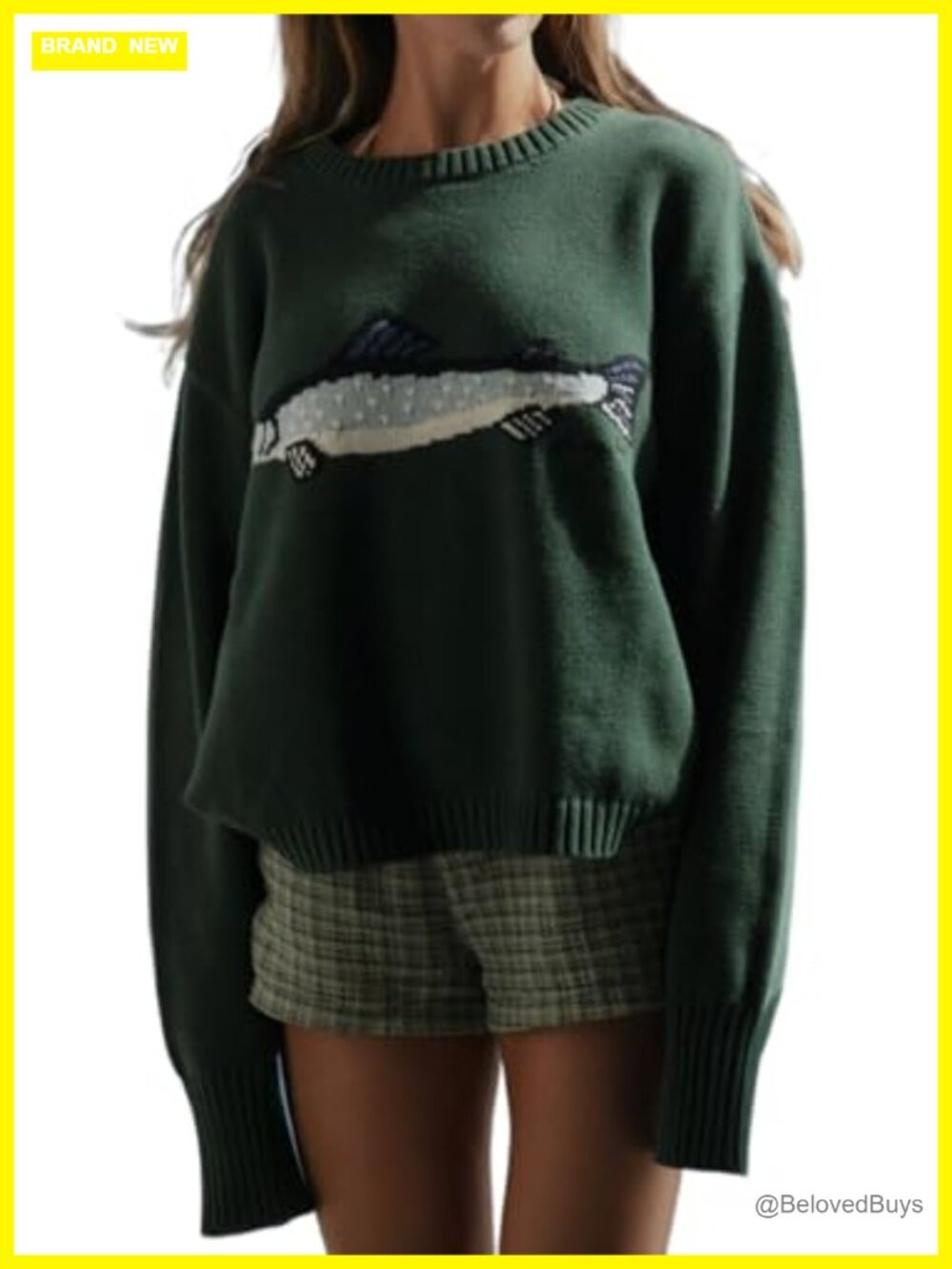 Womens Crochet Chunky Fish Graphic Sweater Y2k Vintage Cottagecore Oversized